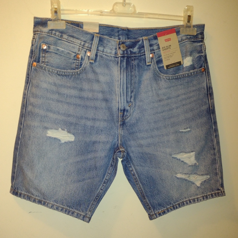 Levi's Red Tab 412 Slim Fit Mens 34 Blue Distressed Ripped Denim Jean Shorts NWT
